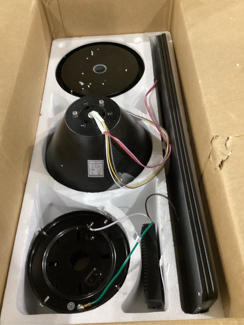 Condition photo showing As Is for missing parts**** volisun ceiling fans with lights flush mount, 52 inch low profile ceiling fan with light and remote, queit & reversible motor,3cct, dimmable, black modern ceilings fans for bedroom, living room black 52 inch