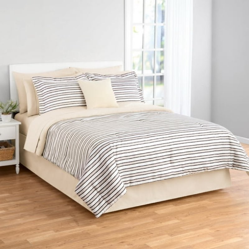 mainstays soft touch bed in a bag 11-piece reversible tan & black striped comforter set with sheets, queen