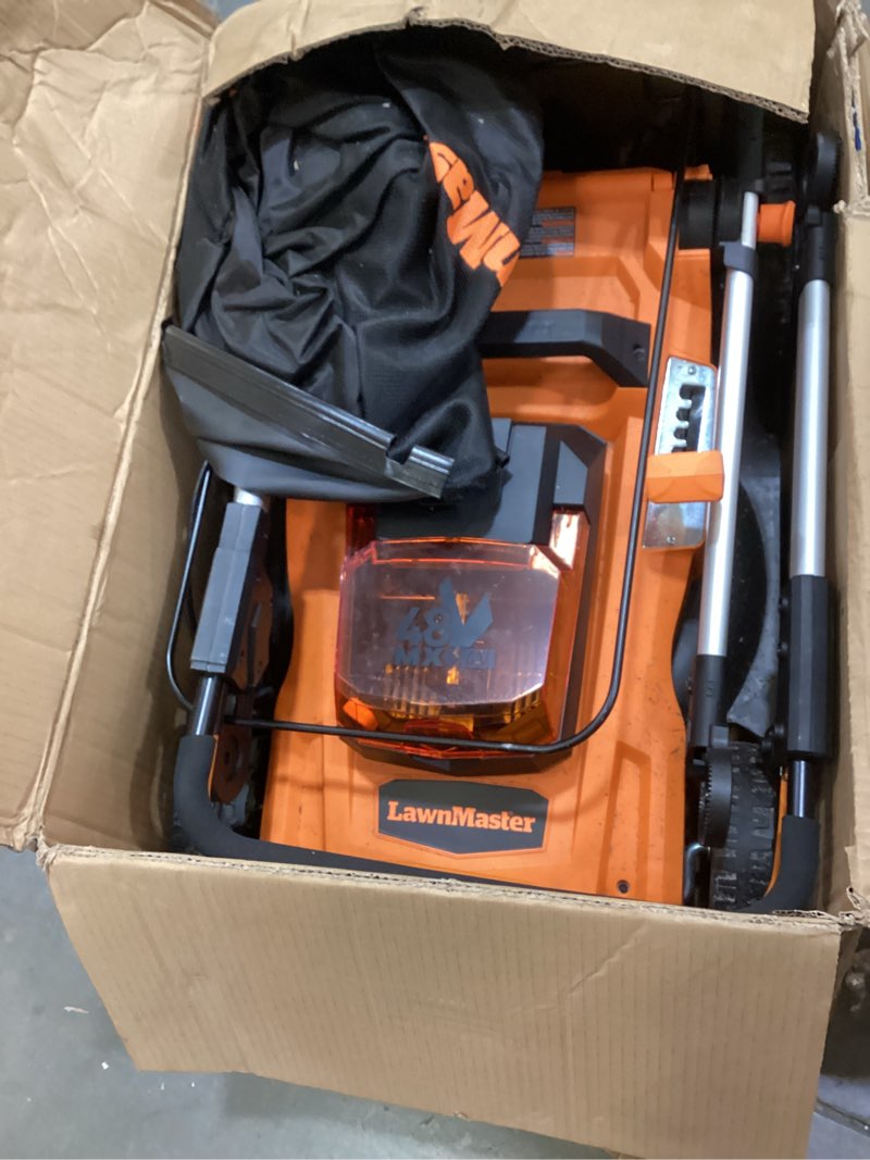 Condition photo showing As Is for lawnmaster 48v max electric lawn mower, 19-inch brushless cordless lawn mower with 2x24v max 4.0ah battery and a dual charger-clmf4819a