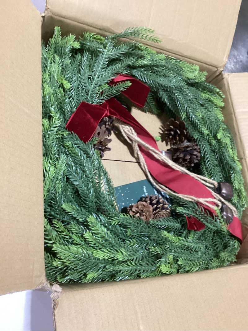 Condition photo showing Good Condition for 28 Inch Real Touch Norfolk Pine Christmas Wreath with Pine Cones, Bells & Bow – Double Ring Winter Wreath for Front Door, Porch, Wall & All-Season Home Décor Green Norfolk Pine