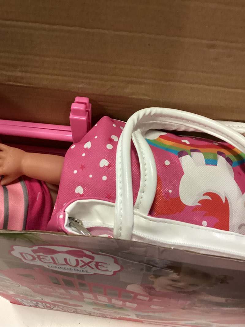 Condition photo showing Good Condition for golray 12in girl baby doll crib and high chair set - sound&pee interactive baby doll with 20pcs accessories diaper bag/cradle/2 clothes, feeding nursery pretend play toddler girl toy gift 3 4 5 6 year