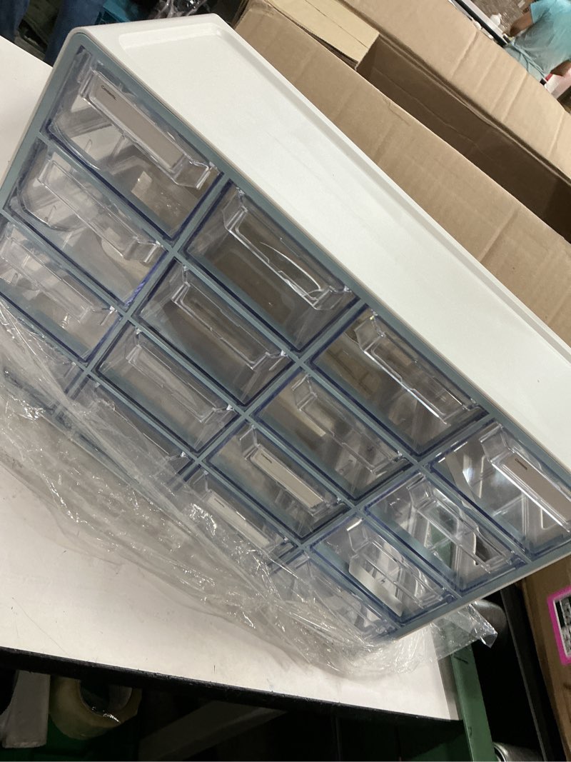 Condition photo showing As Is for blue ginkgo medium 16-drawer cabinet – stackable clear organizer for hardware, beads, plastic bricks, office, and craft storage (made in korea, gray) 16 drawer grey