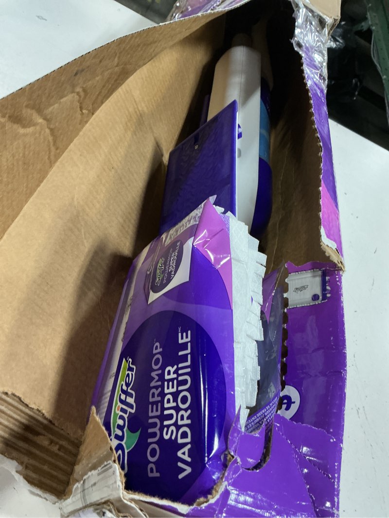 Condition photo showing Good Condition for swiffer powermop multi-surface mop kit for floor cleaning, fresh scent, mopping kit includes powermop, 2 mopping pad refills, 1 floor cleaning solution with fresh scent and 2 batteries purple and white