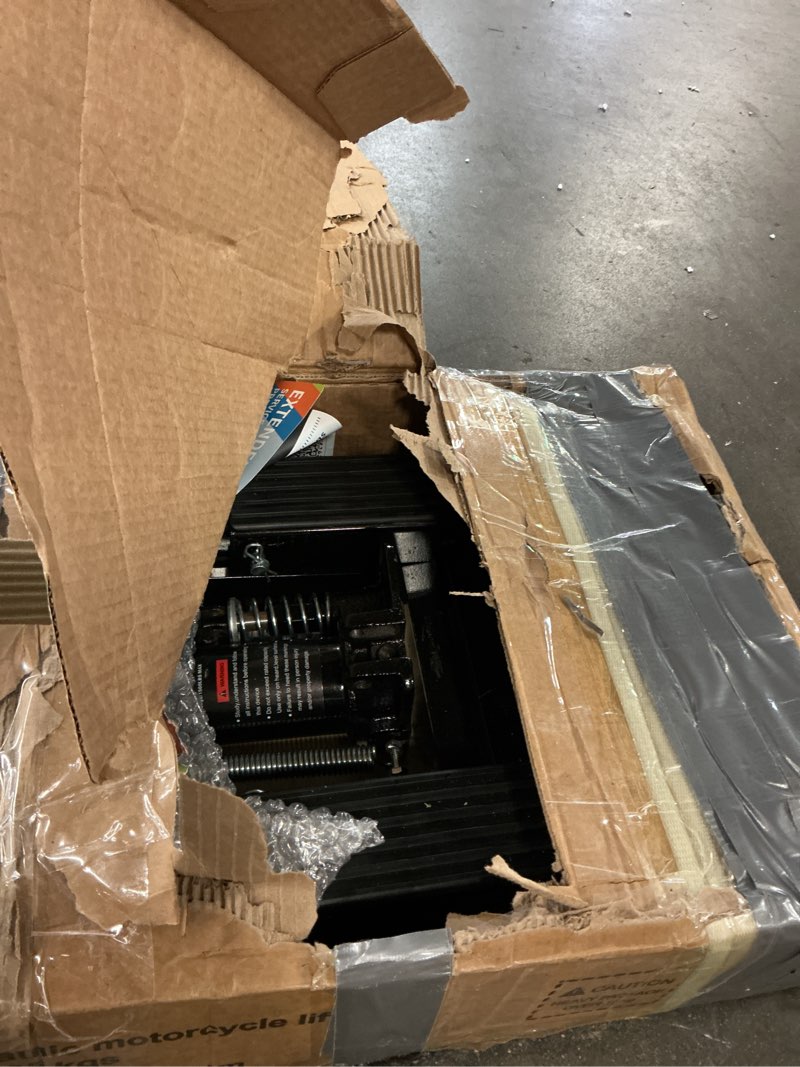 Condition photo showing As Is for Garvee Hydraulic Motorcycle Lift Jack, 1500 lbs Capacity Steel ATV Scissor Lift with Wheels & Handle, Portable Garage & Workshop Hoist Stand