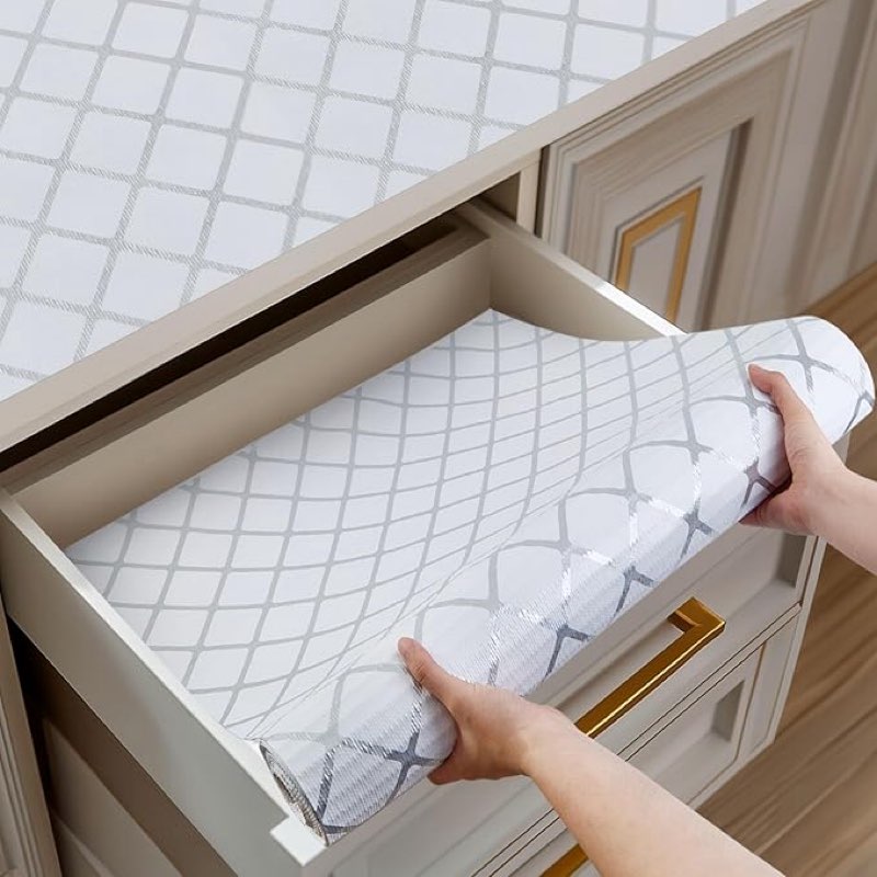 Drawer and Shelf Liner for Kitchen Cabinets, Non-Adhesive Strong Grip Cabinet Liners for Dressers, Durable Waterproof Anti Slip Cupboard Liner, White/Sliver, 24 in x 10 Feet