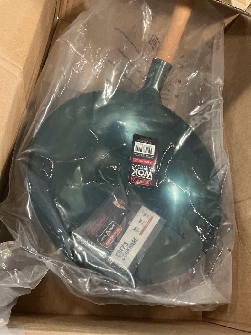 Condition photo showing Good Condition for yosukata 14” round bottom carbon steel wok pan – blue pre-seasoned pow wok for stir fry, bbq & camping – traditional japanese & chinese cookware – compatible with gas stoves & open fire only 14" blue