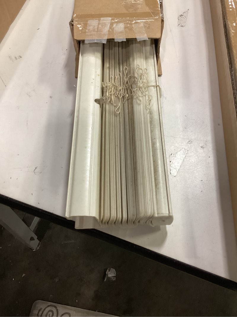 Condition photo showing As Is for LazBlinds No Tools No Drill Cordless 1\" Vinyl Mini Blinds, 100% Blackout Blinds for Indoor Windows, Room Darkening Privacy Window Blinds and Shades for Interior, 29\" W x 64\" H, White White 29\" W x 64\" H