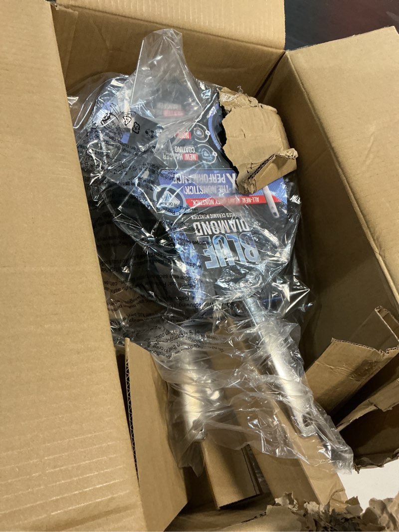 Condition photo showing New/Like New for blue diamond 2 piece nonstick frying pan set, 9.5” & 11" skillets, pfas-free ceramic, dishwasher & oven safe, stainless steel handle, durable metal utensil safe, egg & omelet pans, blue blue 9.5" and 11" frying pan skillet set