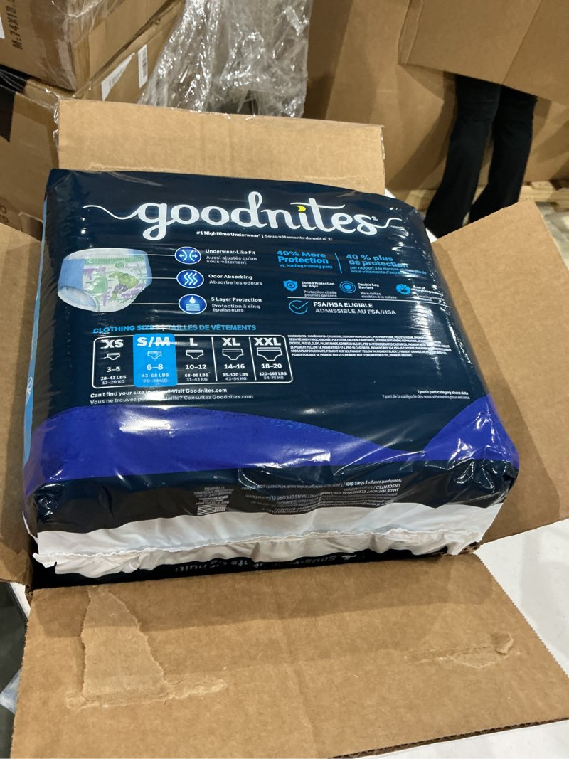 Condition photo showing New/Like New for goodnites boys' nighttime bedwetting underwear, size s/m (43-68 lbs), 44 ct (2 packs of 22), packaging may vary small/medium 44