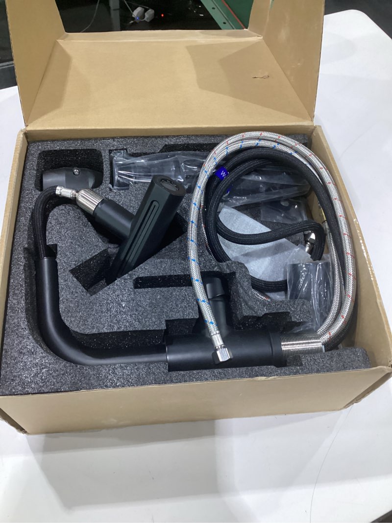 Condition photo showing Good Condition for bathroom sink faucet with 4 mode pull down sprayer, matte black single handle pull out faucet with pop-up drain, 1 or 3 hole laundry bar basin faucet with deck plate matte black 2 pack