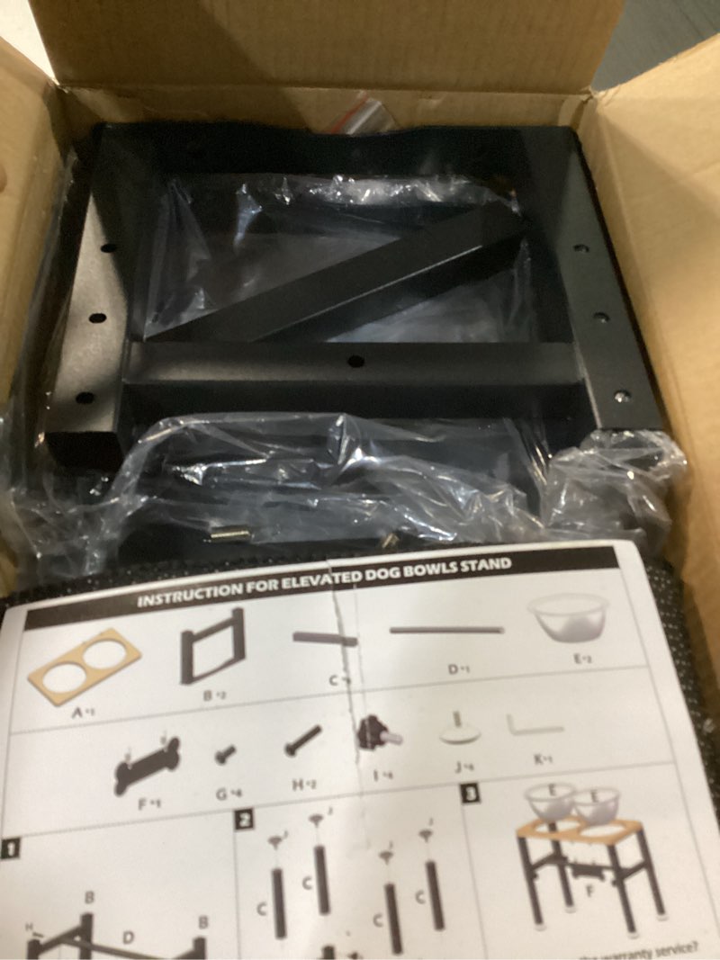 Condition photo showing New/Like New for shainfun elevated dog bowls with slow feeder & mat for medium and large dogs, 12" tall adjustable wooden & metal raised dog bowl stand, 2 stainless steel 58oz bowls for food & water