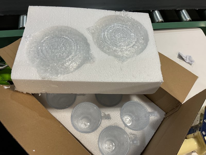 Condition photo showing New/Like New for kingrol 6-piece embossed glass mug set with saucers, 7 oz vintage tea cups with handle, clear glass coffee mugs for latte, cappuccino, espresso, hot or iced drinks
