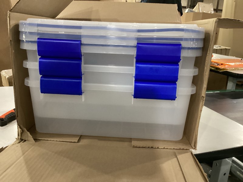 Condition photo showing New/Like New for IRIS USA WeatherPro 16 Qt Storage Bins with Lids, 3 Pack, BPA-Free Plastic Gasket Box with Tight Latch and Seal, Stackable Nestable Tote Tub - Clear/Blue 16 Qt. - 3 Pack
