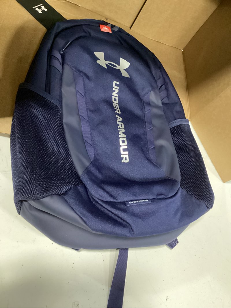 Condition photo showing New/Like New for under armour unisex-adult hustle 6.0 backpack, (411) midnight navy/midnight navy/metallic silver, one size fits most one size (411) midnight navy / midnight navy / metallic silver