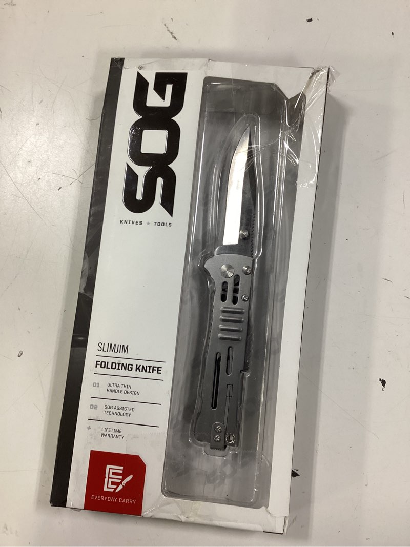 Condition photo showing New/Like New for sog slimjim folding pocket knife- sog assisted technology w/ tactile bumps and cutout aid, reversible carry clip, aus-8 stainless steel body (sj31-cp), one size, hardcase black
