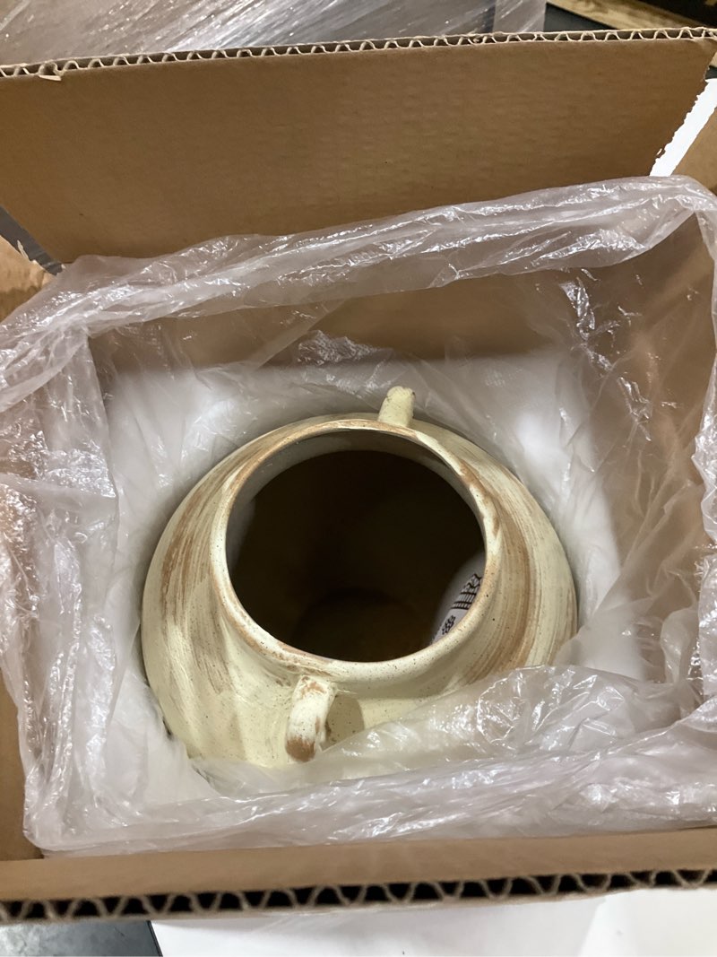 Condition photo showing New/Like New for Rustic Farmhouse Textured Ceramic Vase with Two Handles, Distressed White Pottery Flower Vase for Centerpiece, Kitchen, Living Room, Bedroom, Office, Table Top Decor, Gift & Weddings Rustic White Short