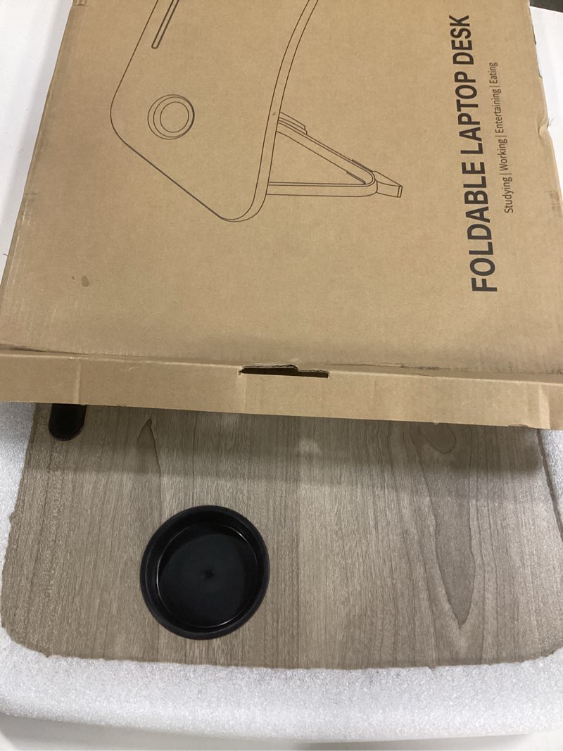 Condition photo showing New/Like New for Foldable Lap Desk, Laptop Bed Desk, Portable Lap Table, Laptop Bed Table with Cup Holder & Tablet Slot & Lifting Handle for Working Writing Drawing & Eating - Gray Wood