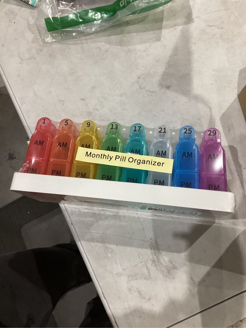 Condition photo showing New/Like New for monthly pill organizer 2 times a day, one month pill box am pm, 30 day pill case small compartments to hold vitamin and travel medicine organizer, 31 day pill organizer, 4 week pill cases rainbow