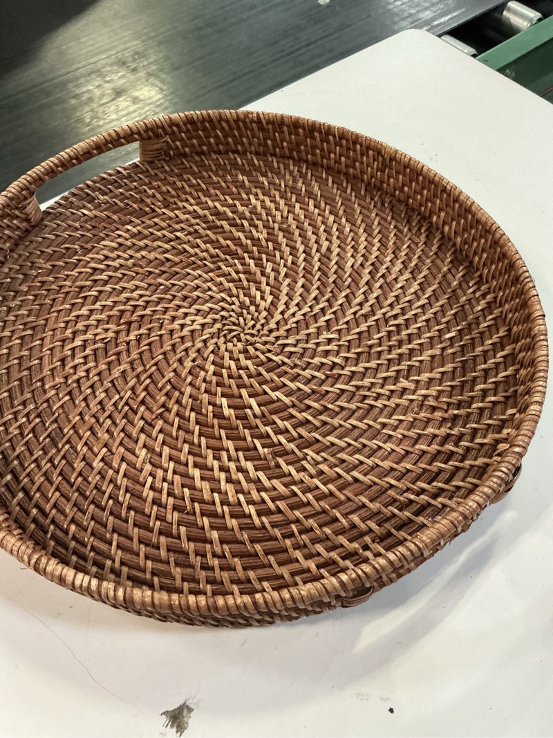 Condition photo showing Good Condition for round rattan woven serving tray with handles ottoman tray for breakfast, drinks, snacks for coffee table, home decorative (honey brown, 13.8"x2")