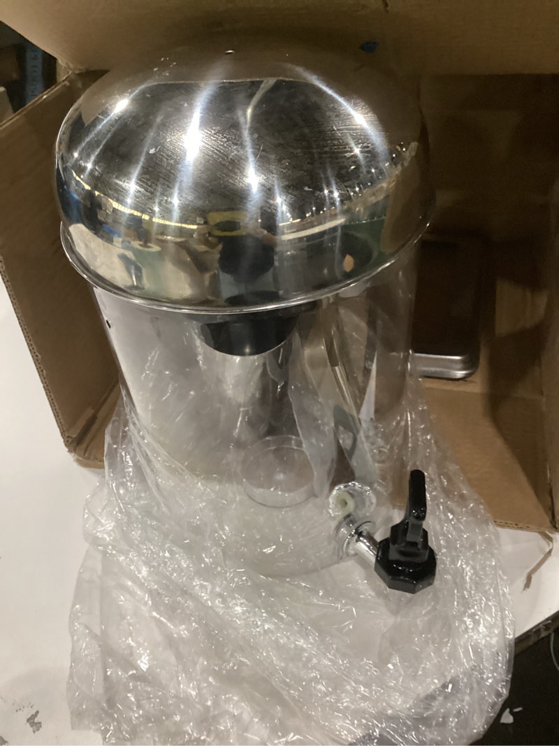 Condition photo showing As Is for 4.5 gallon drink dispenser with stand, beverage dispensers with ice core, spigot, and ice shovel, commercial hot cold juice dispenser for parties, wedding, hotel buffet, banquet, restaurant (16 l) stainless steel 4.5 gallon / 16 l