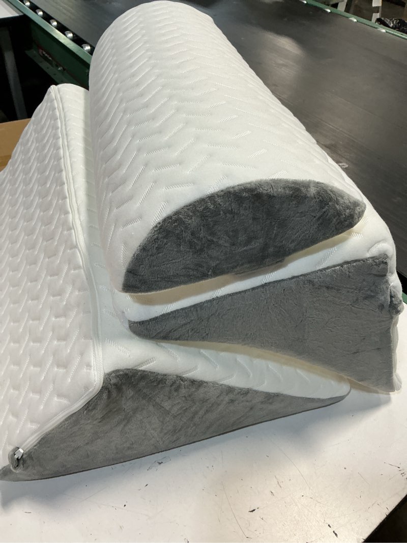 Condition photo showing As Is for 4pcs orthopedic bed wedge pillow set for sleeping, post surgery foam support pillows for back, neck and leg pain relief, adjustable triangle pillow – acid reflux, gerd & snoring recovery, white grey white grey 4 piece set