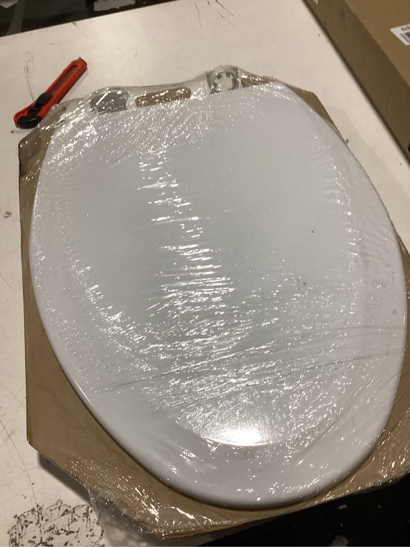 Condition photo showing As Is for (similar to )elongated toilet seat, 18.5” soft/slow close oval (oblong) toilet seat for elongated toilets, no-slam quiet-close lid, easy-to-install & clean, durable never-loosen white plastic seat white elongated(oval)