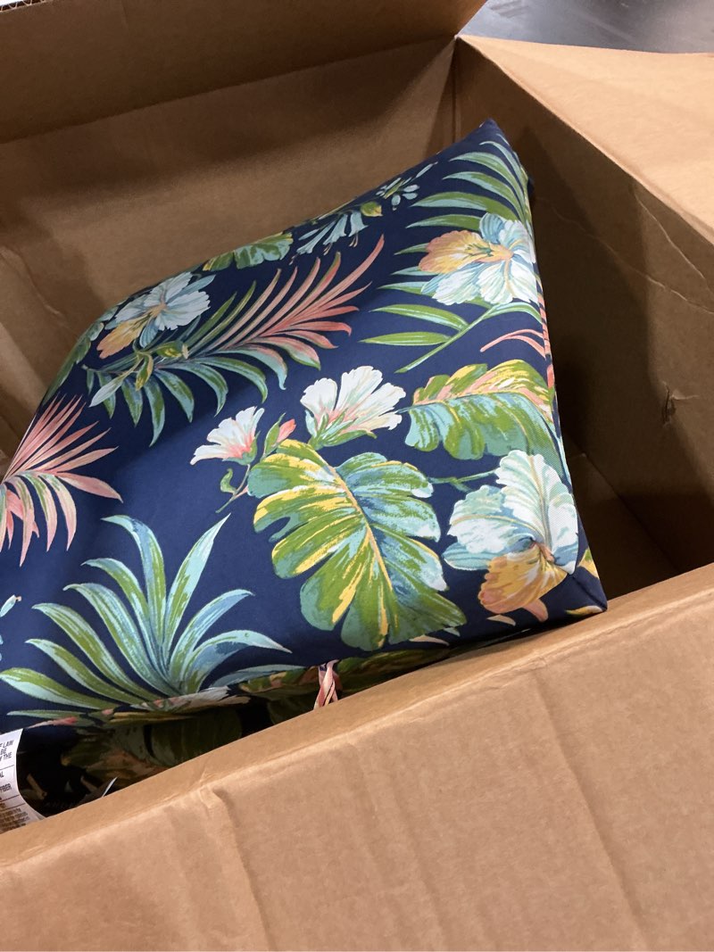Condition photo showing As Is for arden midback outdoor patio chair cushion, 18 x 16.5, rain-proof seat pad, fade-resistant outdoor cushion simone blue tropical