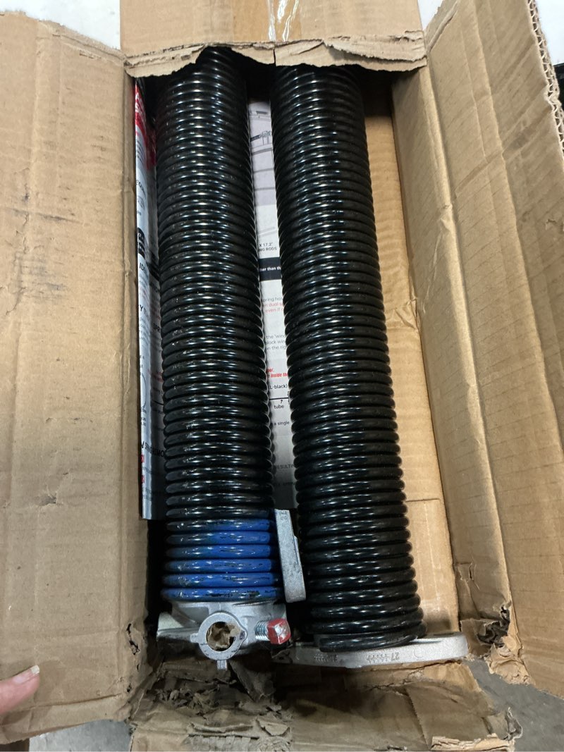 Condition photo showing As Is for pair of 2" garage door torsion springs set with non-slip winding bars & gloves, high quality precision electrophoresis black coated, for replacement & installation, min 16,000 cycles (0.262x2''x40'') 0.262x2"x40"
