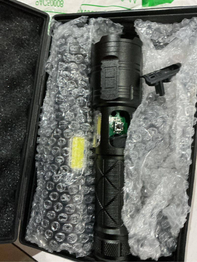 Condition photo showing As Is for cinlinso rechargeable led flashlights 90000 high lumens 2 pack, super bright flash light with 7 modes, ipx7 waterproof, powered handheld flashlight for home camping emergencies