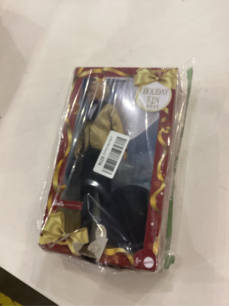 Condition photo showing As Is for Barbie Signature 2025 Holiday Blonde Ken Collectible Fashion Doll Wearing Full Suit with Golden Jacket in Displayable Packaging & Doll Stand