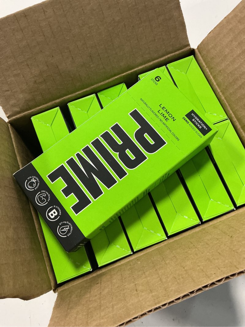 Condition photo showing As Is for (exp: 01/2025) prime hydration+ sticks lemon lime | hydration powder single serve sticks | electrolyte powder on the go | low sugar | caffeine-free | vegan | 6 sticks lemon lime (12 pack of 6 count)