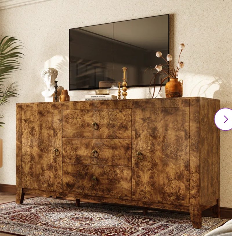 Dorne 60\" High Gloss Burl Buffet Sideboard Cabinet INCOMPLETE 