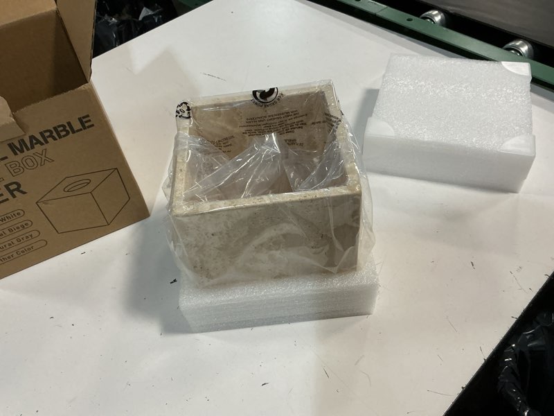 Condition photo showing New/Like New for natural travertine marble tissue box holder cover, square cube tissue box holder with open bottom for bathroom vanity tops, bedroom dressers, kitchen countertop, travertine beige(ns022)