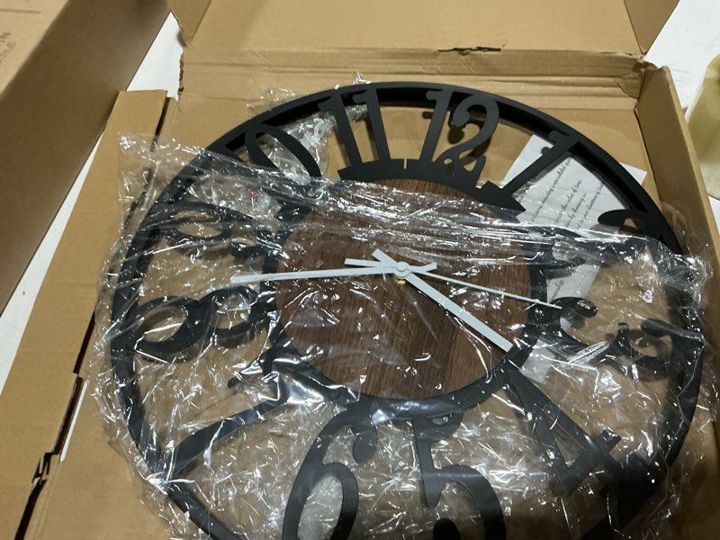 Condition photo showing Good Condition for leike large wall clocks,silent,non ticking,battery operated rustic round modern big wood wall clock for living room, bedroom,kitchen,farmhouse,office,home decor-16 inch(black-arabic number) 16 in black wood-arabic number