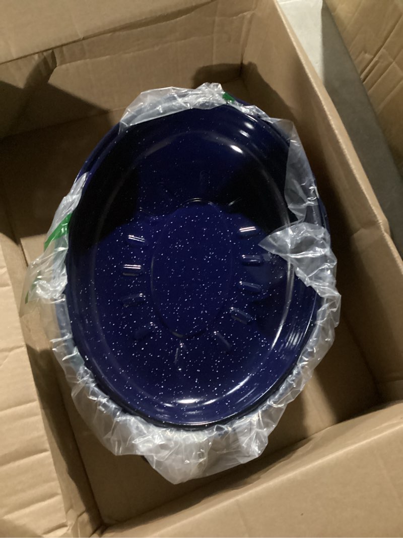 Condition photo showing New/Like New for IMUSA USA 18" Traditional Vintage Style Blue Speckled Enamel on Steel Covered Oval Roaster