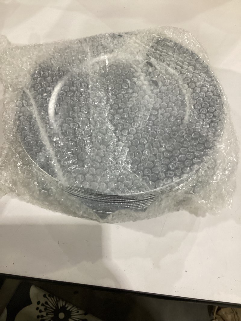 Condition photo showing As Is for missing the napkin rings**** tanlade 100 pieces charger plates bulk with napkin rings set plastic plate chargers napkin rings 13'' round dinner plate set for wedding baby shower party (simple style,silver) simple style silver 100