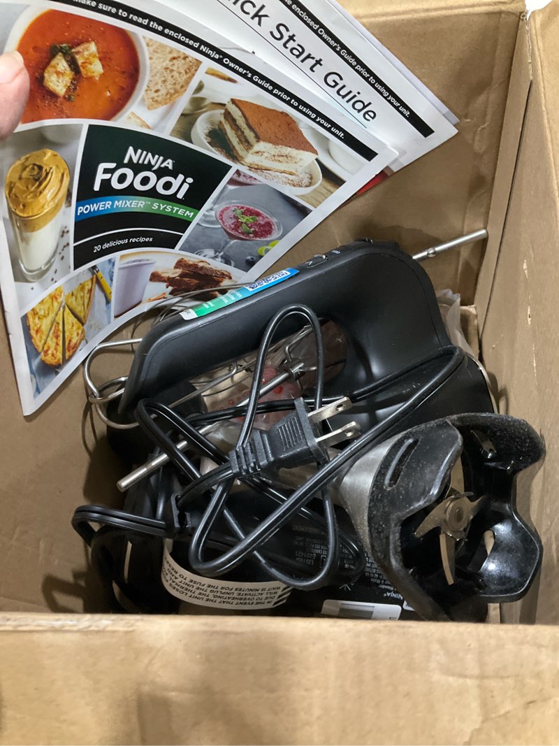 Condition photo showing As Is for ninja hand mixer, immersion blender, foodi power mixer system, 750-peak-watt handheld emulsion blender & electric hand mixer combo with whisk, beaters & 3-cup blending vessel,120 volts, black ci101