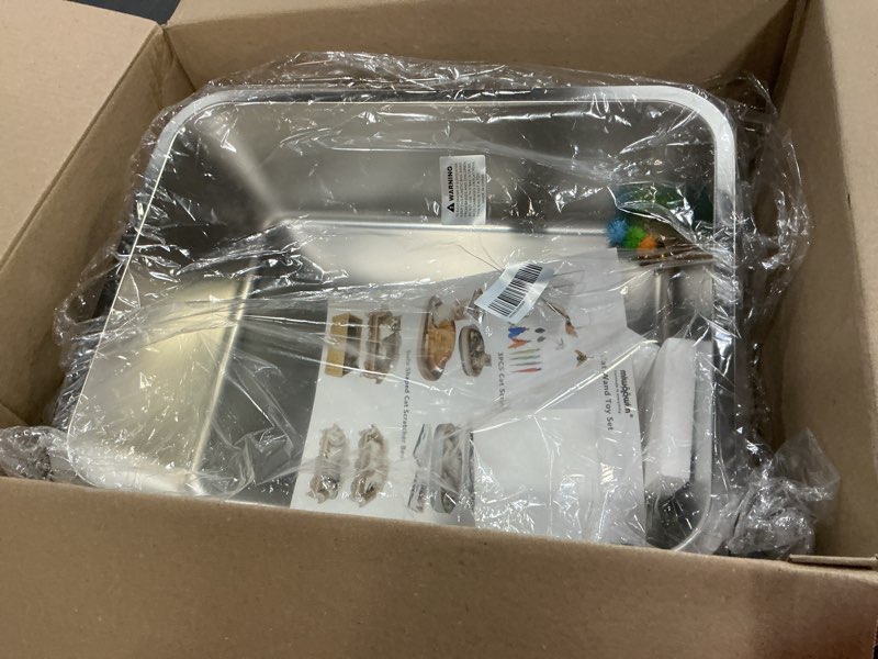 Condition photo showing Good Condition for stainless steel cat litter box set, includes catnip fish toy & wand feather toy refill, easy to clean, pet toilet supplies for kitten, kitty, rabbit, metal litter pan for kittens and adult cats 1 medium (17.6"x13.6"x5.9")