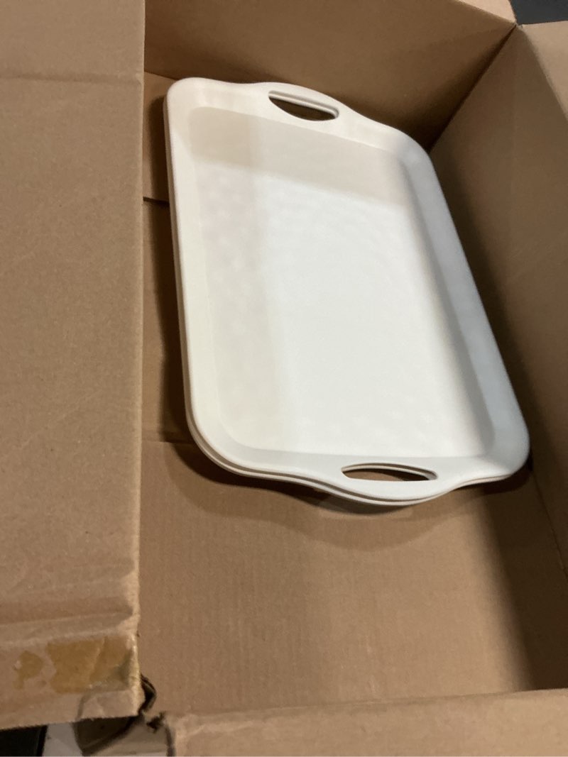 Condition photo showing Good Condition for extra large serving tray with handles, 20x13 inch, set of 2 melamine platters for serving food, turkey, cookie, rectangular trays for eating, raised dots matt finished, dishwasher safe, white