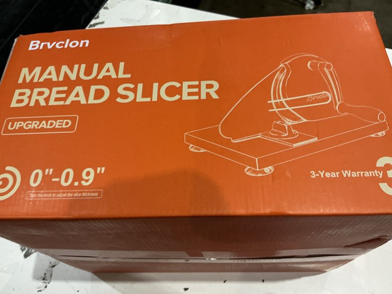 Condition photo showing As Is for brvclon manual bread slicer adjustable thickness, hand crank bread slicer for homemade sourdough bread with scale line & suction cup & metal guide,quality solid wood base & gift-level packaging cream