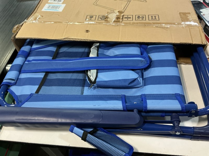 Condition photo showing Good Condition for suteck backpack beach chair for adults - 6-position folding reclining chair with cooler bag & cup holder, lightweight portable beach chair for camping, outdoor, sand, travel use dark blue stripes