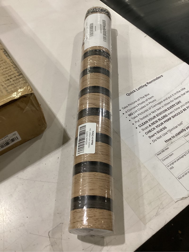 Condition photo showing As Is for myforhd wallpaper peel and stick wood grating stripe self-adhesive wallpaper faux wood contact paper wood slats self adhesive wall paper pvc vinyl film removable waterproof 17.3" x 393" wood e 17.3" x 393.7"