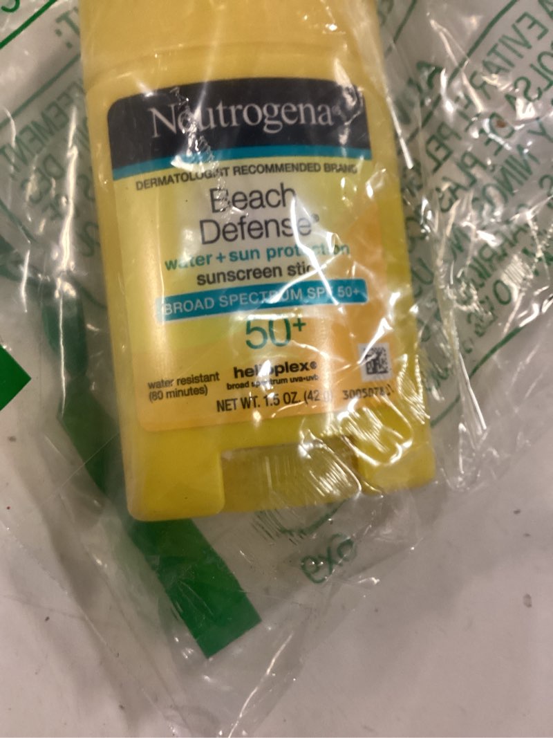 Condition photo showing As Is for Neutrogena Beach Defense Water-Resistant SPF 50+ Sunscreen Stick, Broad Spectrum UVA/UVB Protection, PABA- & Oxybenzone-Free Face & Body Sunscreen Stick, Hands-Free Application, 1.5 oz