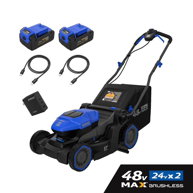 kobalt 48v max (24vx2) 17-in push mower kit, (2) 4.0ah batteries and charger included