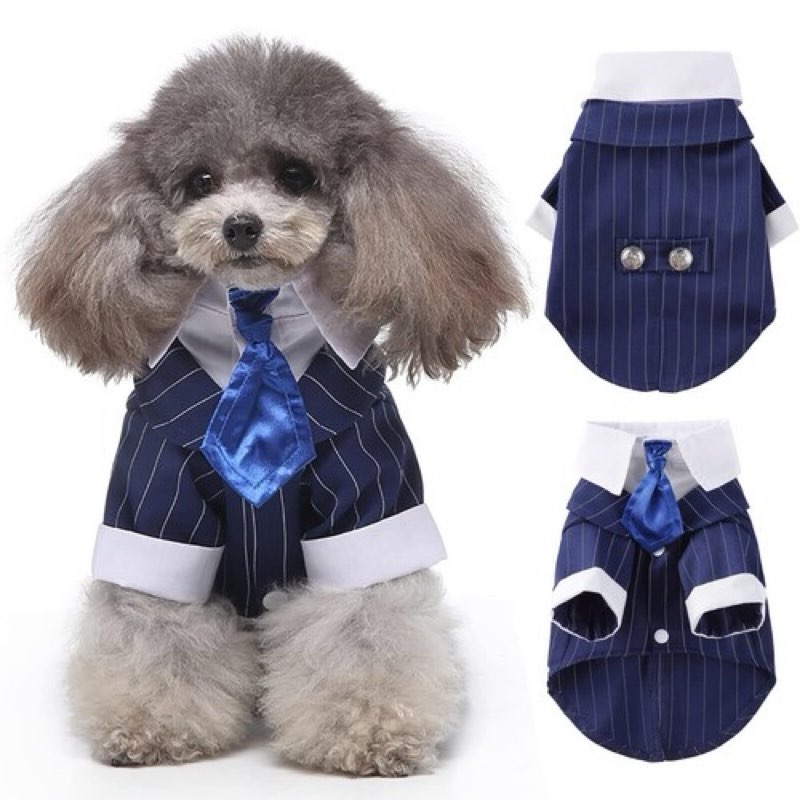 DENTRUN Navy Blue Dog Tuxedo - Formal Pinstripe Pet Suit Shirt with Satin Tie, Elegant Wedding Outfi