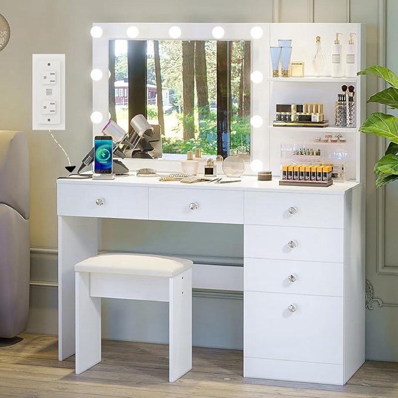 VOWNER Vanity with Lights - 47" Makeup Vanity Desk with Power Outlet, Storage Shelves and 6 Drawers, 3 Color Lighting Modes with Adjustable Brightness, Makeup Desk with Stool for Bedroom, White