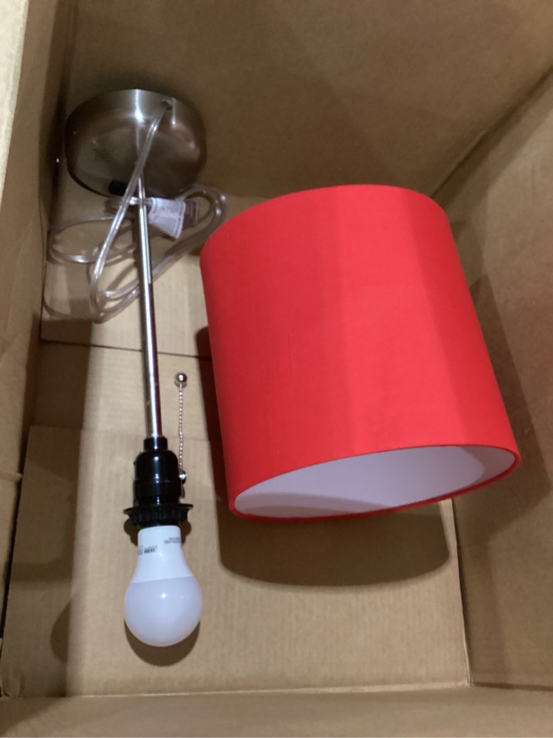 Condition photo showing New/Like New for simple designs lt2024-red-lb 19.5" brushed steel stick table desk lamp with charging outlet and drum fabric shade for living room, hallway, nightstand, office, red shade, with feit led bulb included 1 red bulb included