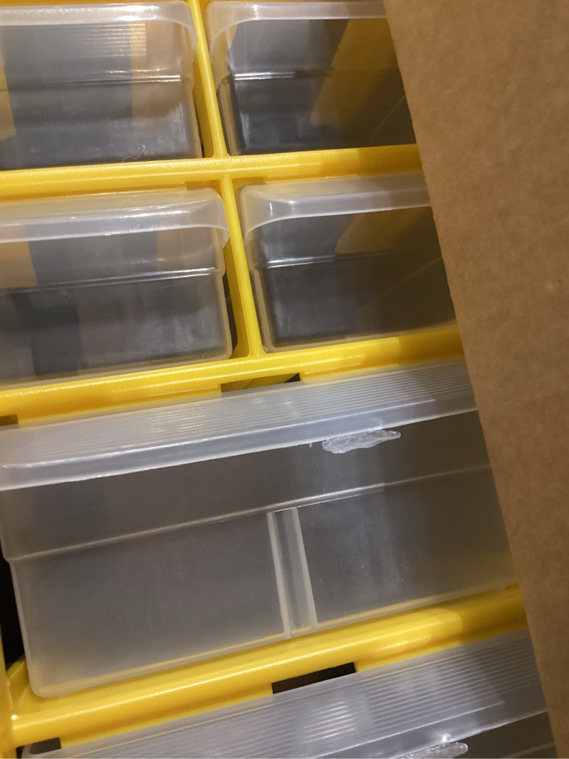 Condition photo showing Good Condition for akro-mils 44-drawer plastic storage cabinet, 20"w x 6"d x 16"h, yellow | plastic cabinet w/ drawers for garage organization, beads, building bricks storage, teacher toolbox, makeup organizer, 10144 yellow 44 drawer 1 pack