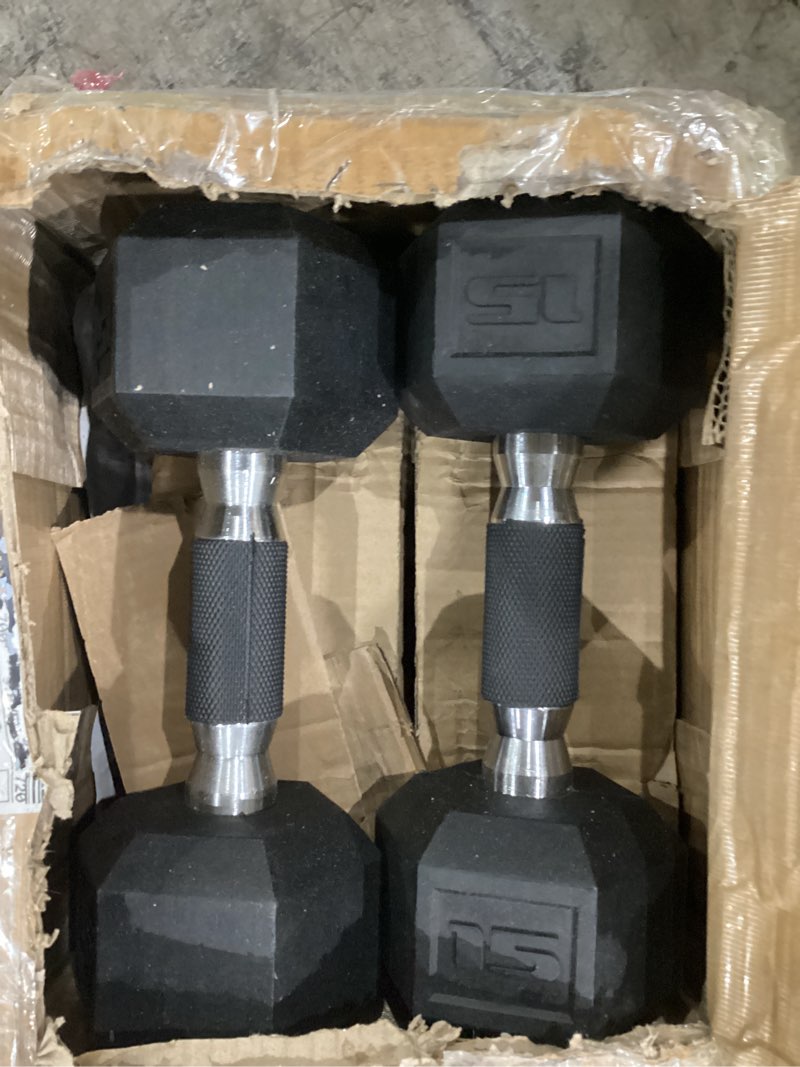 Condition photo showing As Is for cap barbell rubber coated hex dumbbell set with vertical rack | 100-300 lbs free weights dumbbells set for home gym | multiple options comfort handle 100 lb set - dark rack