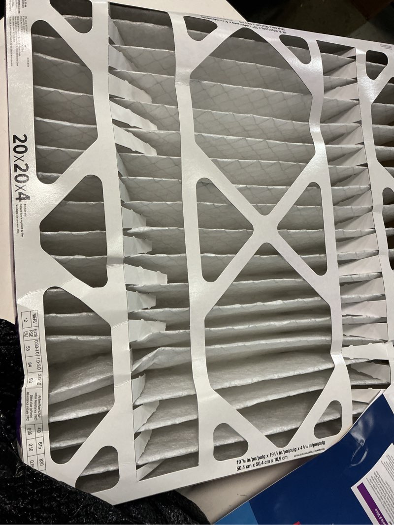 Condition photo showing As Is for filtrete 20-in w x 20-in l x 4-in merv 12 1550 mpr allergen, bacteria and virus electrostatic pleated air filter